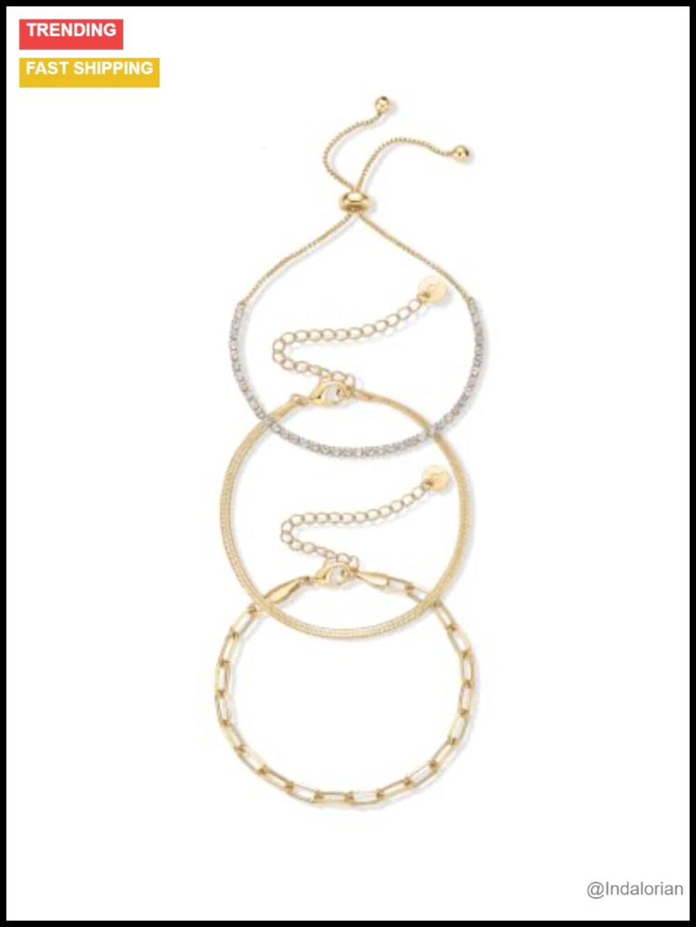 14K Gold Plated Chain Bracelet Set of 3 Dainty Layer Stack Adjustable